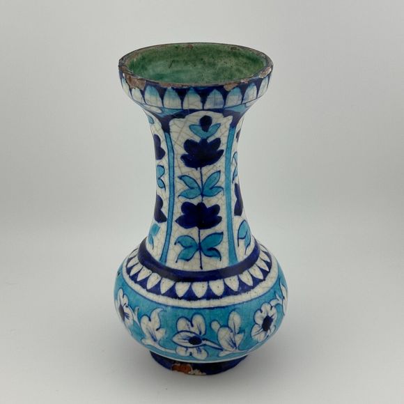 Antique Handmade Hand Painted Glazed Terracotta Vase Iznic Pottery Blue 6.5" H - Picture 2 of 12